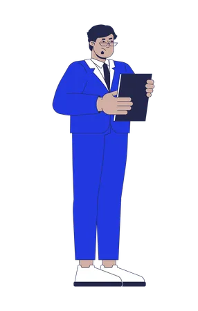 Tensed male tv show host holding clipboard  Illustration