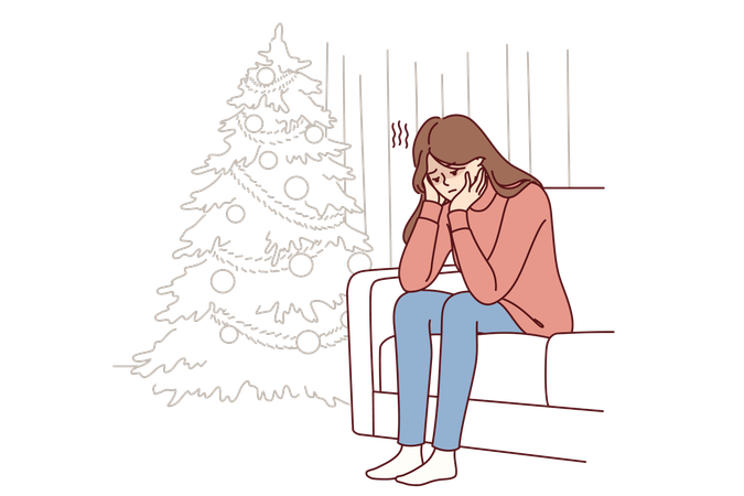 Tensed woman is sitting on sofa near christmas tree  Illustration