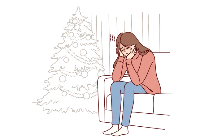 Tensed woman is sitting on sofa near christmas tree  Illustration