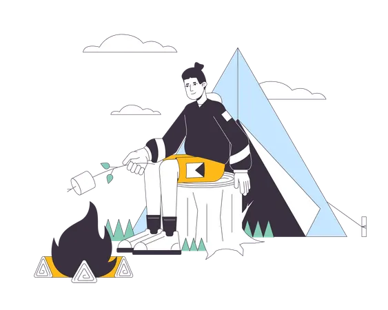 Tent Camping With Toasted Marshmallow Flat Line Vector Spot Illustration Male Hiker 2 D Cartoon Outline Character On White For Web UI Design Forest Vacation Editable Isolated Colorful Hero Image 일러스트레이션