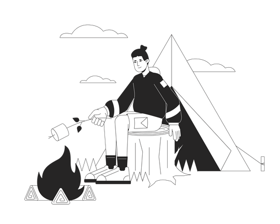 Tent camping with toasted marshmallow  Illustration