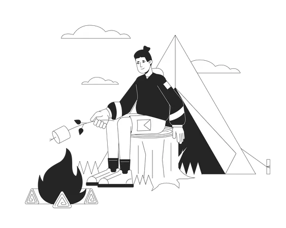 Tent Camping With Toasted Marshmallow Bw Vector Spot Illustration Male Hiker 2 D Cartoon Flat Line Monochromatic Character For Web UI Design Forest Vacation Editable Isolated Outline Hero Image 일러스트레이션