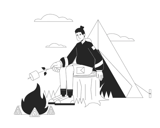 Tent camping with toasted marshmallow  Illustration