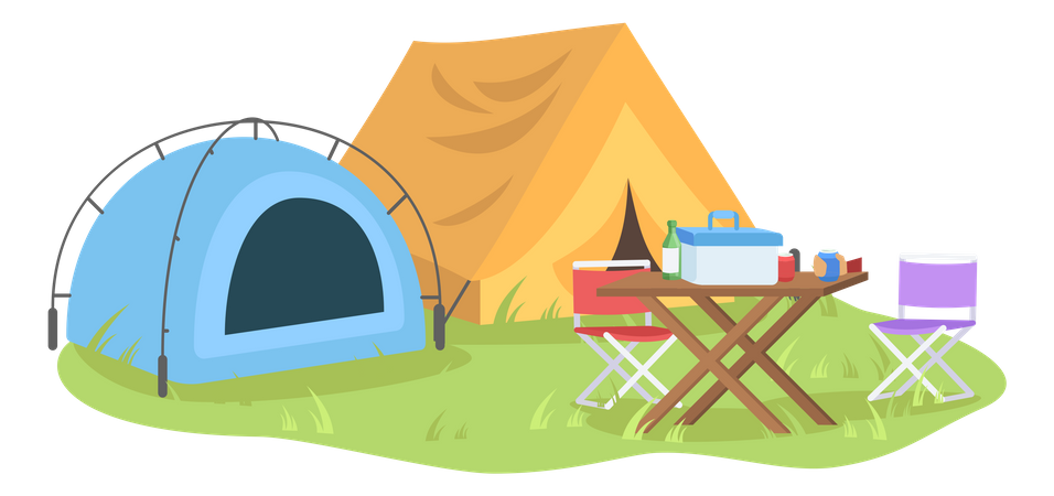 Tent in forest with meal  Illustration