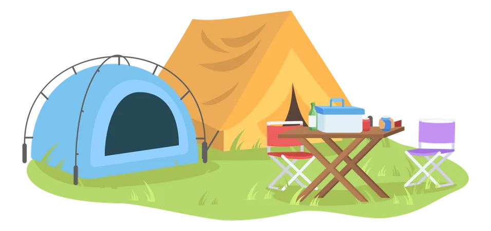 Tent in forest with meal  Illustration