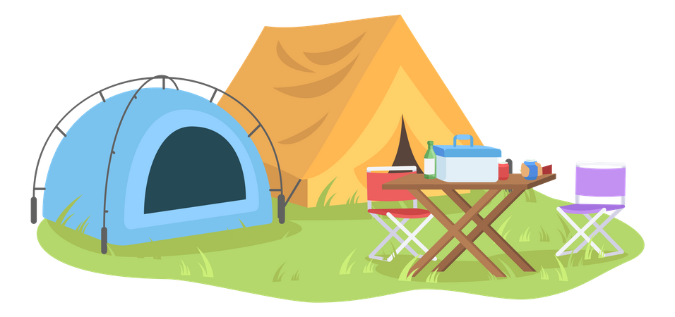 Tente en forêt avec repas  Illustration