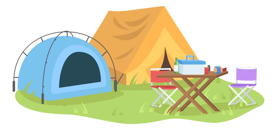 Tente en forêt avec repas  Illustration