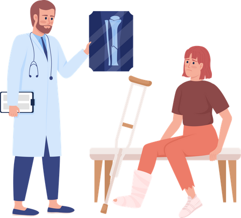 Terapeuta consultando a mujer con pierna rota  Ilustración