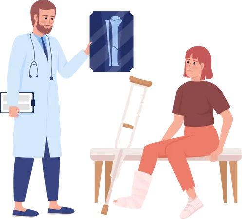 Terapeuta consultando mulher com perna quebrada  Ilustração