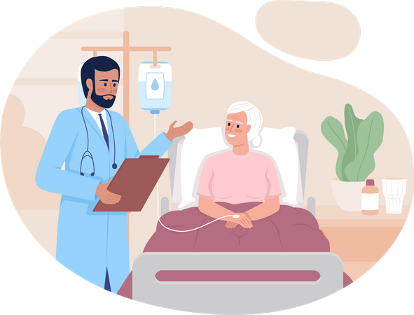 Terapeuta examinando a un paciente anciano en el hospital  Ilustración