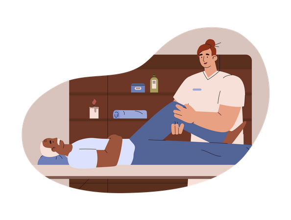 Terapeuta haciendo fisioterapia al paciente.  Ilustración
