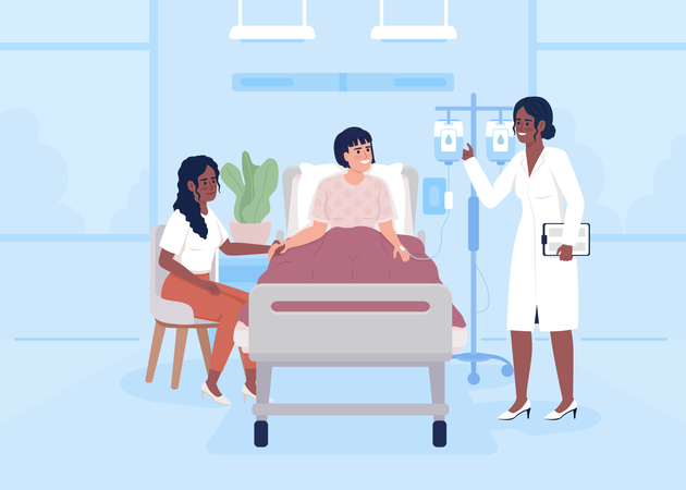 Terapeuta visitando mulher doente na enfermaria  Ilustração