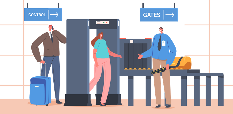 Detector de metais do ponto de verificação do terminal do aeroporto com personagens e bagagem do viajante  Ilustração
