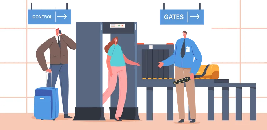 Detector de metais do ponto de verificação do terminal do aeroporto com personagens e bagagem do viajante  Ilustração