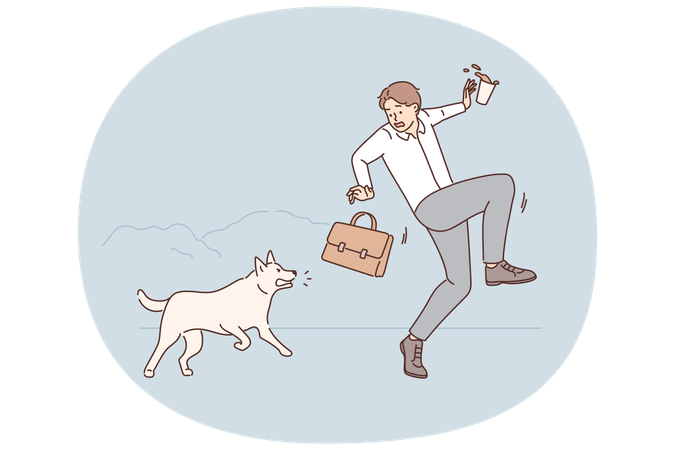 Terrified businessman scared by aggressive dog  Illustration