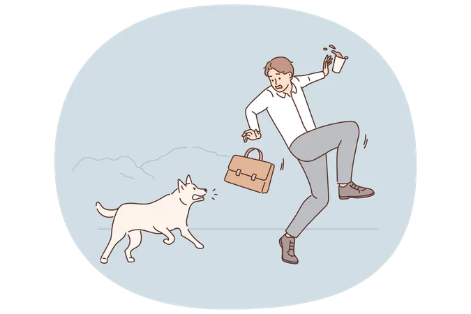 Terrified businessman scared by aggressive dog  Illustration
