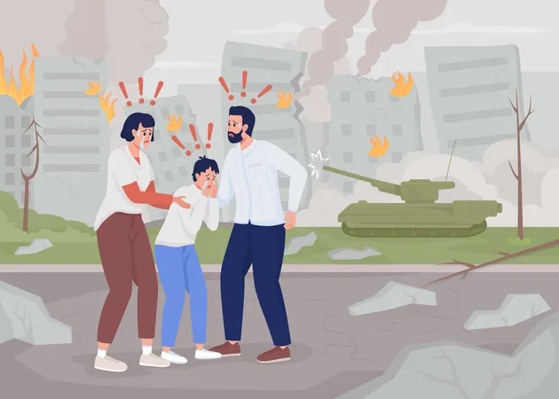 Terrified Family In Destroyed City Flat Color Vector Illustration Stop War Outbreak Of Hostilities Crying People 2 D Simple Cartoon Characters With Devastated Hometown On Background Illustration