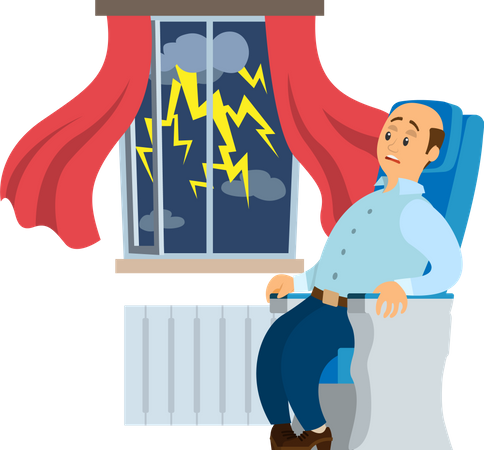 Terrified man is afraid of thunder  Illustration