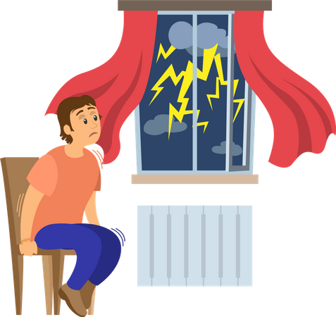 Terrified man shocked by thunder and lightning  Illustration