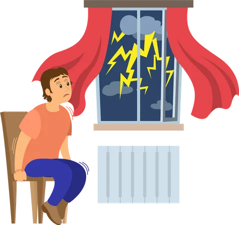 Terrified man shocked by thunder and lightning  Illustration