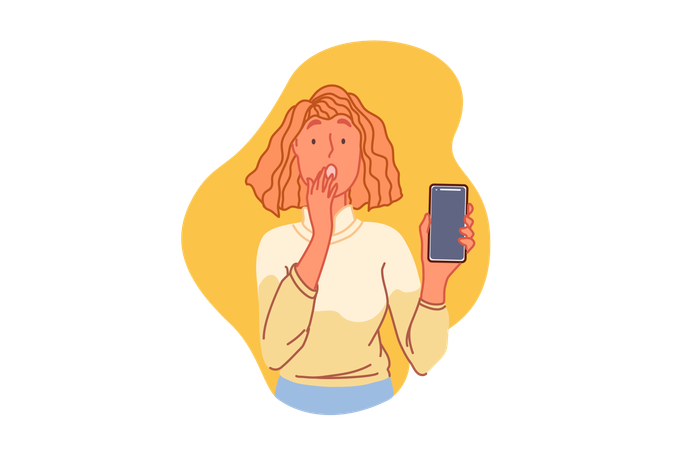Terrified woman holding mobile phone  イラスト