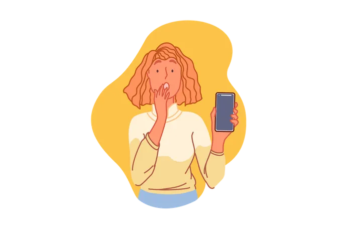 Smartphone Trouble Technical Problem Concept Terrified Woman Holding Mobile Phone Surprised Young Girl Watching Scary Video Teenager Gesturing In Panic Malfunction Simple Flat Vector Illustration
