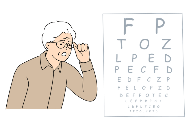 Test de vision pour un homme âgé regardant un tableau avec des lettres lors d'un rendez-vous avec un ophtalmologue  Illustration