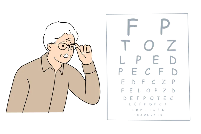 Test de vision pour un homme âgé regardant un tableau avec des lettres lors d'un rendez-vous avec un ophtalmologue  Illustration