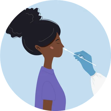 Mulher Africana Faz Teste PCR Analise Laboratorial De Esfregaco Nasal Teste De Coronavirus Covid 19 O Medico Tira Um Cotonete Ilustracao Vetorial Em Estilo Cartoon Plano Ilustração