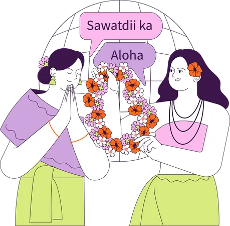 Thai and Hawaiian women exchanging traditional greetings  Illustration