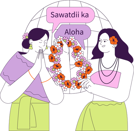 Thai and Hawaiian women exchanging traditional greetings  Illustration