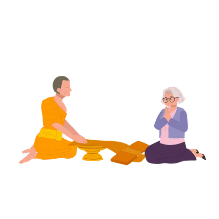 Thai buddhist tradition elderly woman offering robe to monk on buddhist lent day  Illustration