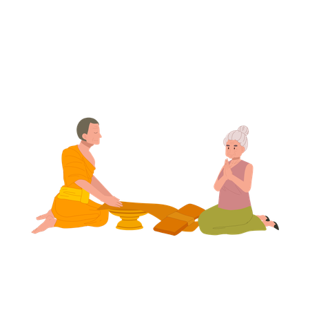 Thai buddhist tradition elderly woman offering robe to monk on buddhist lent day  Illustration
