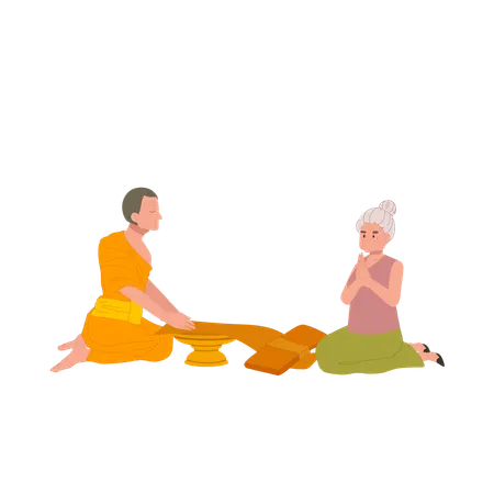 Thai buddhist tradition elderly woman offering robe to monk on buddhist lent day  Illustration