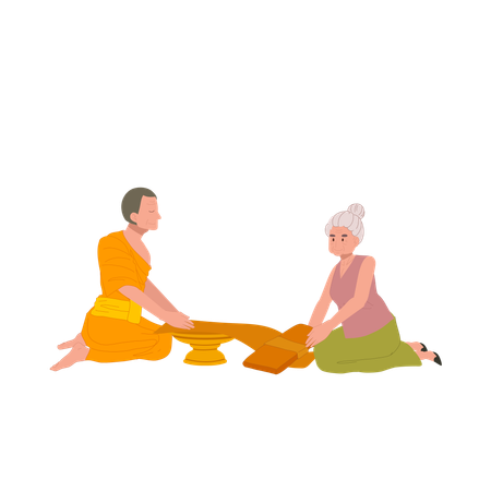 Thai buddhist tradition elderly woman offering robe to monk on buddhist lent day  Illustration