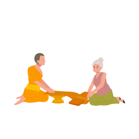 Thai buddhist tradition elderly woman offering robe to monk on buddhist lent day  Illustration