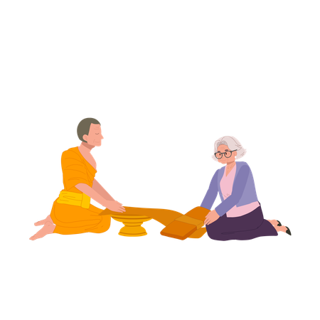 Thai buddhist tradition elderly woman offering robe to monk on buddhist lent day  Illustration