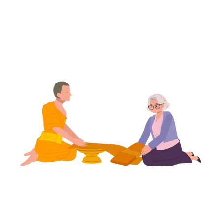 Thai buddhist tradition elderly woman offering robe to monk on buddhist lent day  Illustration