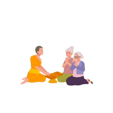 Thai buddhist tradition elderly woman offering robe to monk on buddhist lent day  Illustration
