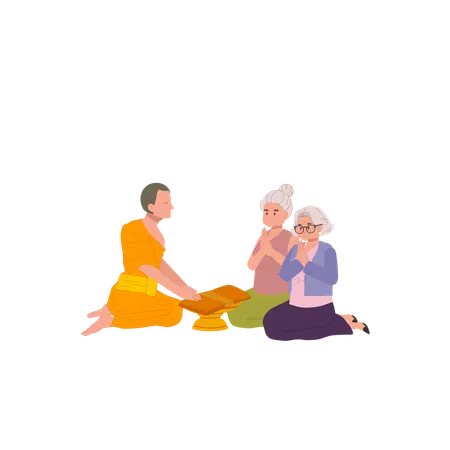 Thai buddhist tradition elderly woman offering robe to monk on buddhist lent day  Illustration