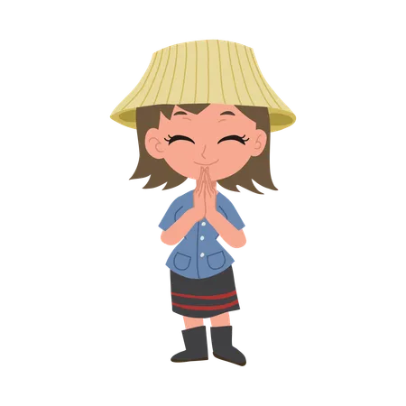 Thai farmer woman giving warm wai greeting  Illustration