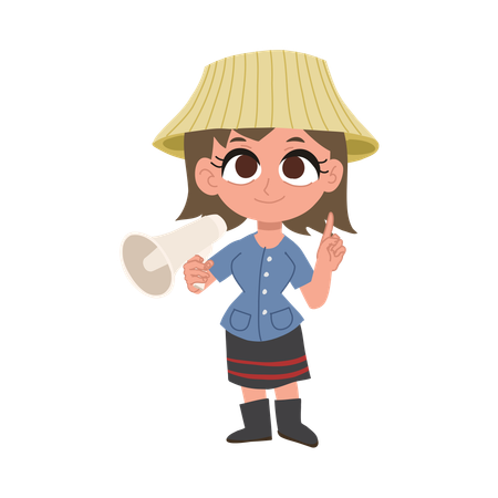 Thai farmer woman holding megaphone making an announcement  Illustration