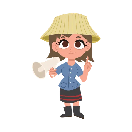 Thai farmer woman holding megaphone making an announcement  Illustration