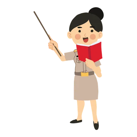 Thai Female Teacher Holding Stick with Book  Illustration