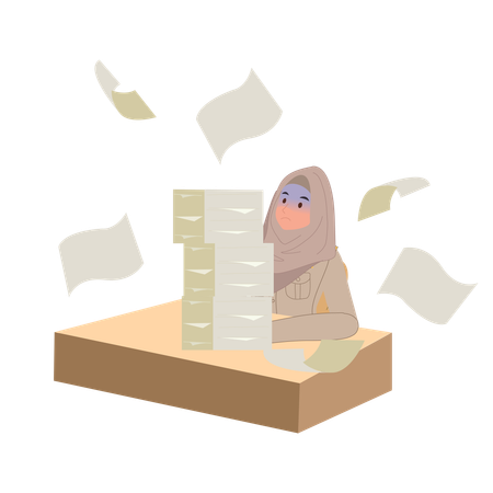 Thai female teacher in office desk setting with high stack of papers  Illustration