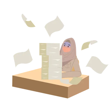 Thai female teacher in office desk setting with high stack of papers  Illustration