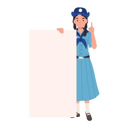 Thai Girl Scout en uniforme avec panneau vierge et suggestion, idées de projets scolaires et d'activités de plein air  Illustration