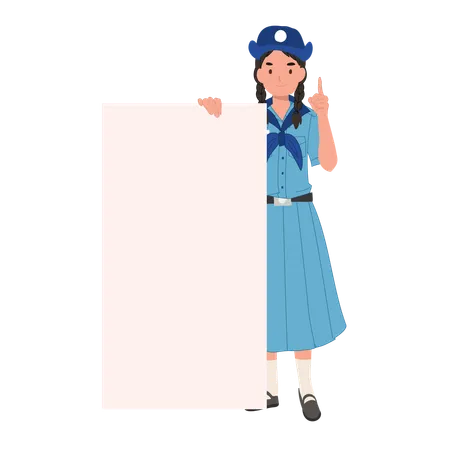 Thai Girl Scout en uniforme avec panneau vierge et suggestion, idées de projets scolaires et d'activités de plein air  Illustration