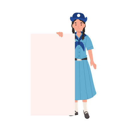 Thai Girl Scout en uniforme avec panneau vierge, idées pour les projets scolaires et les activités de plein air  Illustration