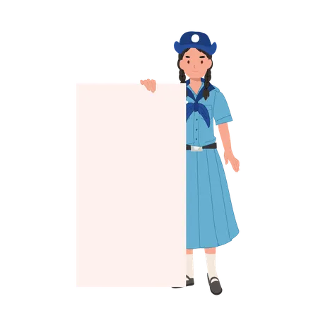 Thai Girl Scout en uniforme avec panneau vierge, idées pour les projets scolaires et les activités de plein air  Illustration